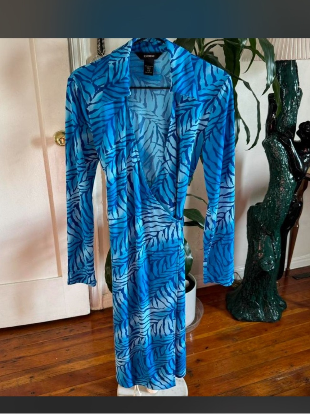 Express Y2K Blue Zebra Print Wrap Dress